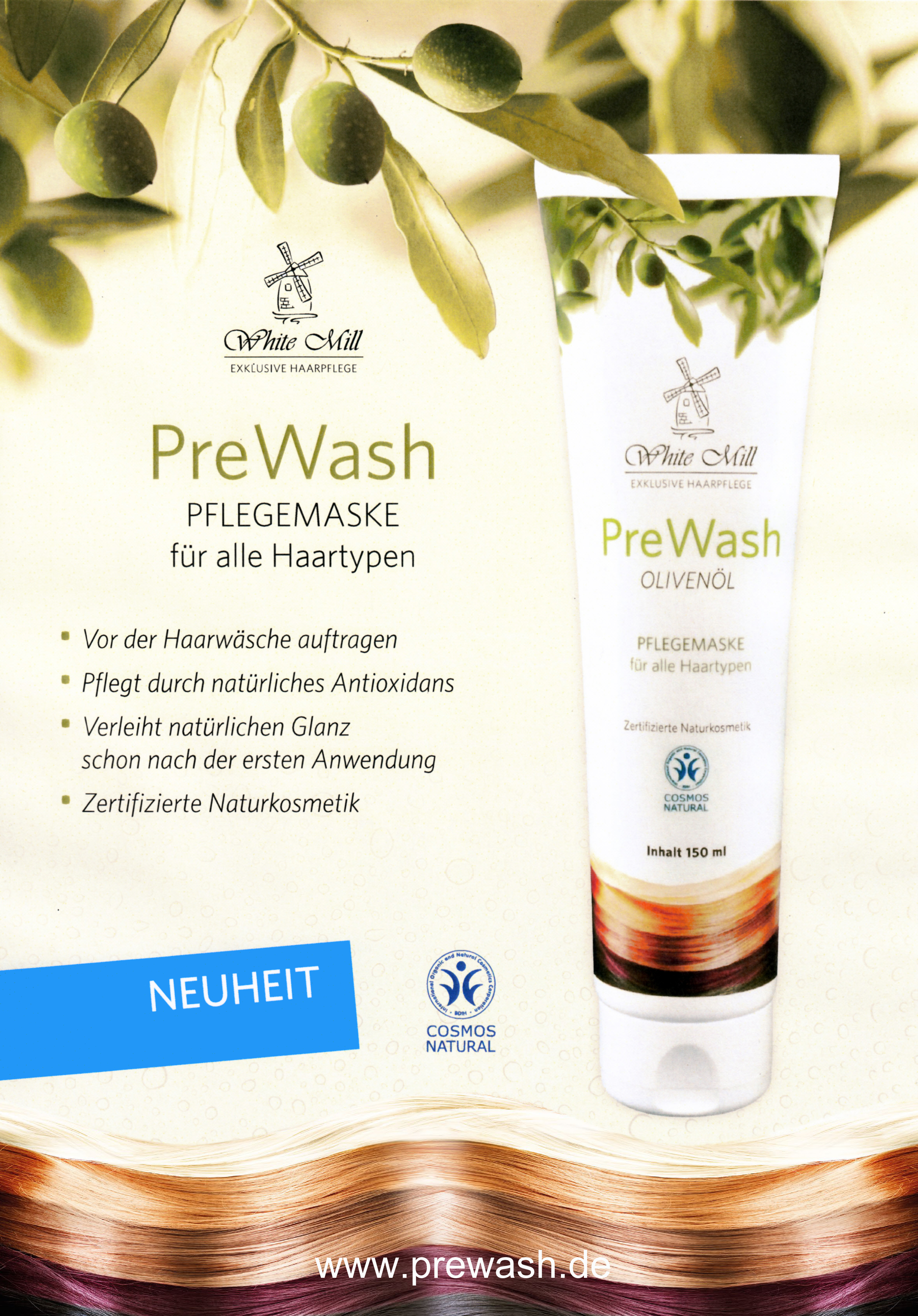 23. White Mill PreWash: Pflegt die Haare schon vor dem Waschen, bereitet die Haare für eine bessere Wirkstoffaufnahme vor.